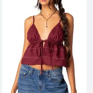 Edikted Red Camisole Crop Top with Tie Front